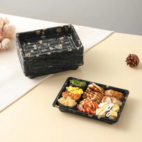 Vista 9 de Juego de vajilla desechable para 50 bandejas recipientes de sushi con tapas de 7.3 x 5.1 pulgadas, cajas desechables para sushi para llevar, 50