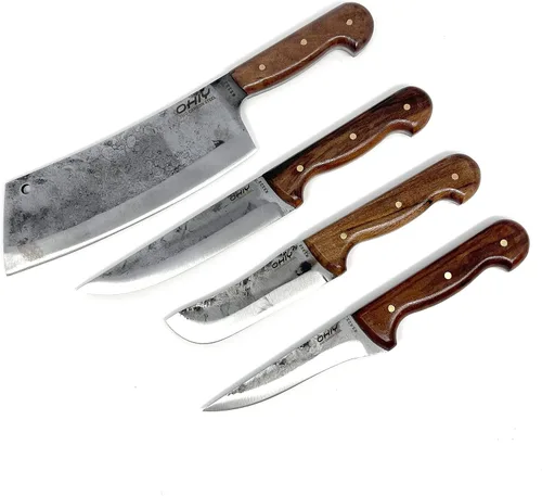 Vista 8 de Butcher Series - Juego de cuchillos y cuchillos forjados a mano de 4 piezas con funda de cuero auténtico, cuchillas de acero de alto carbono 5160
