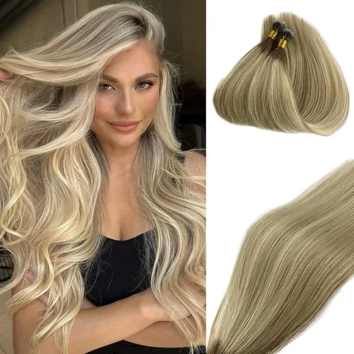 Vista 14 de Extensiones de cabello Microlink con reflejos, cabello humano lacio de 14 pulgadas, rubio caramelo resaltado, 50G/50S