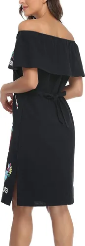 Vista 7 de YZXDORWJ Vestido bordado mexicano para mujer cuello con volantes sin mangas