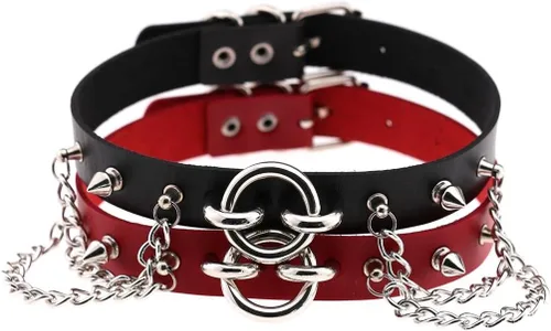 Vista 2 de Multicolor 0.75" Width PU Simulated Leather Rivets O Ring Chains Neckband Choker Necklace