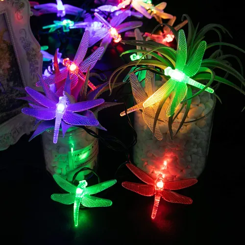Vista 4 de Guirnalda de luces solares de libélula para exteriores, 20.8 pies, 30 luces LED impermeables con energía solar, 8 modos de luces decorativas