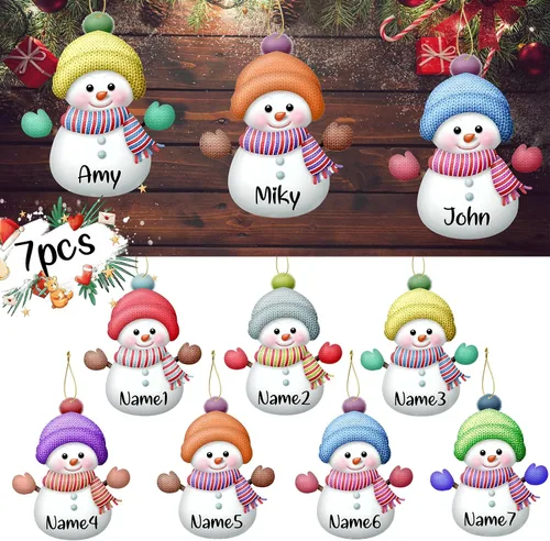 Vista 4 de Adornos de Navidad personalizados con nombre personalizado, muñeco de nieve, nombres de familia, decoración de árbol colgante de Navidad, 7