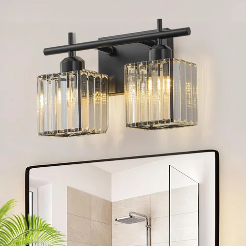 Vista 11 de Modernas luces de cristal para tocador de baño, 3 luces, color negro mate, accesorios de iluminación de baño sobre espejo, luz de tocador