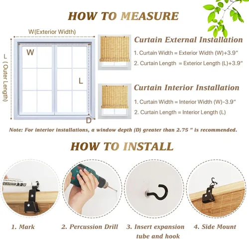 Vista 7 de Persianas de bambú para ventanas, patio, porche, interior/exterior, persianas romanas de bambú filtrantes de luz, persianas enrollables