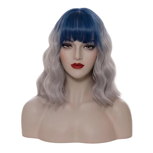 Vista 19 de Cying Lin Peluca corta ondulada y rizada con flequillo azul para mujer, peluca para cosplay, Halloween, resistente al calor, peluca de fiesta