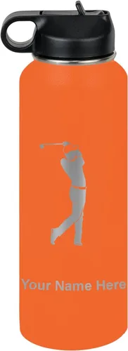 Vista 41 de LaserGram Botella de agua personalizada, golfista de golf, acero inoxidable de doble pared aislada al vacío con popote superior, regalo grabado Negro