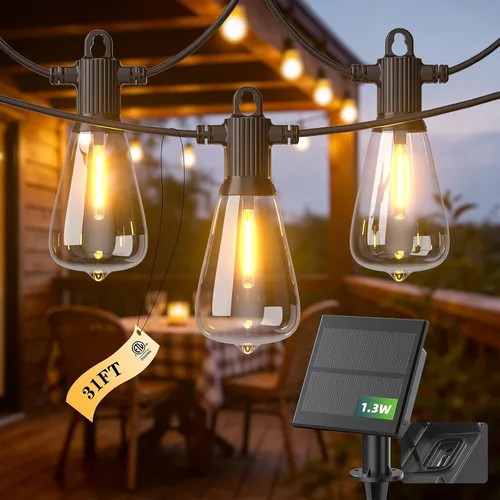 Vista 16 de Guirnalda de luces LED para exteriores, 25 pies, impermeables, para patio, con 12+1 bombillas Edison ST38 inastillables, luz colgante blanca cálida