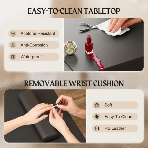 Vista 5 de Mesa de manicura con mesa extensible, mesa de escritorio de uñas para tecnología de uñas con soporte para bolsa de basura y cajón vertical, estación