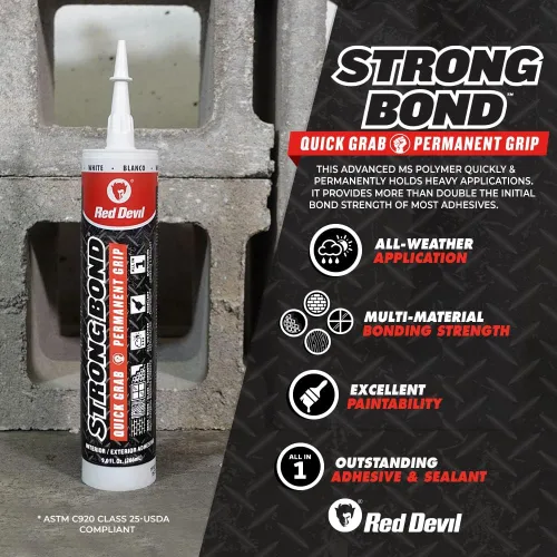 Vista 2 de Red Devil 0956 Strong Bond Hybrid Polymer Adhesivo y sellador de construcción, 9 onzas, blanco, 1 paquete