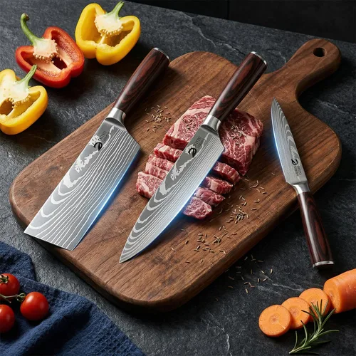 Vista 5 de Dfito Juego de cuchillos de cocina, 3 piezas de acero inoxidable de alto carbono con mango de madera de Pakkawood roja, juegos de cuchillos de chef