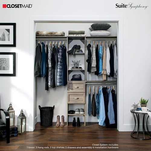 Vista 2 de ClosetMaid SuiteSymphony Juego de organizador de armario de madera con torre, 3 varillas para colgar, estantes superiores, 2 cajones, ajustable
