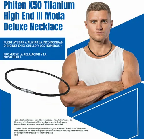 Vista 2 de Phiten X50 - Collar de alta gama Moda Deluxe – Collar de piel sintética con cordón X50 Aqua-Titanium – Núcleo de elastómero con esferas de micro