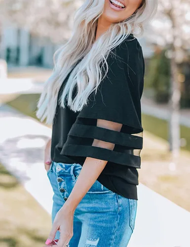 Vista 4 de LookbookStore - Blusa para mujer con paneles de malla, cuello en V, mangas acampanadas 34 y corte holgado