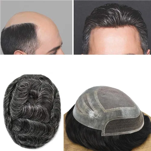 Vista 16 de Sistema de reemplazo de cabello humano para hombre, sistema de cabello fino mono para hombre, pelo de tupé recubierto de poliuretano para hombres