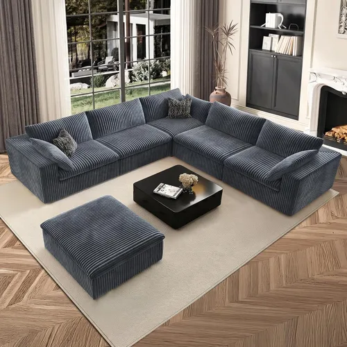 Vista 51 de 118" Cloud Couch Oversized Modular Sectional Sofa, Boneless L-Shaped 6 Seater Deep Seat Couch with Ottoman, Soft Corduroy Upholstery, DIY Negro
