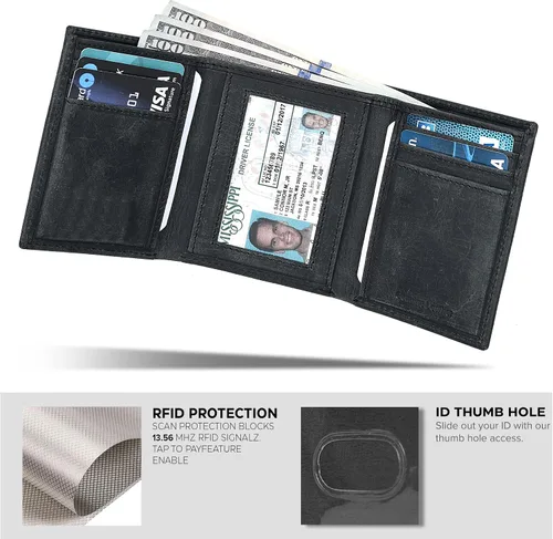 Vista 5 de Real Leather Trifold Wallet For Men - Slim Ultra Thin Tri Fold Front Pocket Minimalist Credit Card Holder ID Window Gift Men