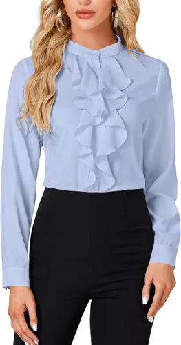 Vista 9 de LYANER - Blusa de cuello alto con botones, volantes en el frente, manga larga, camisa de trabajo para mujer