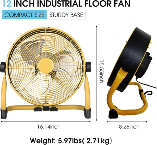 Vista 2 de Ventilador de alta velocidad de 12 pulgadas, ventiladores de piso industriales resistentes de 3 velocidades, ventilador portátil con inclinación