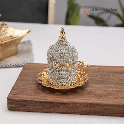 Vista 5 de Alisveristime Juego de café turco adornado con cristal, 27 piezas, tazas decorativas de Zamac para espresso, platillos y azucarero con bandeja