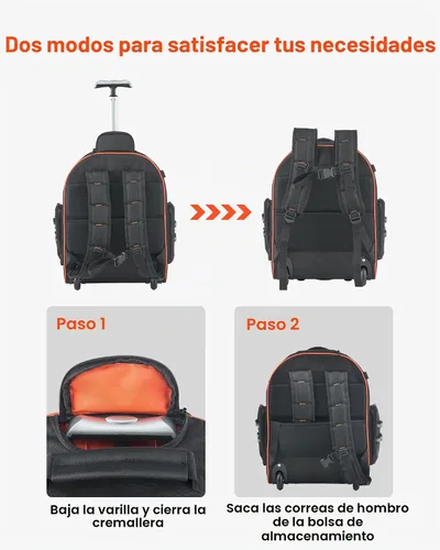 Vista 5 de VEVOR Mochila para herramientas rodantes, capacidad de carga de 110 libras, 45 bolsillos, bolsa de herramientas resistente sobre ruedas, mango