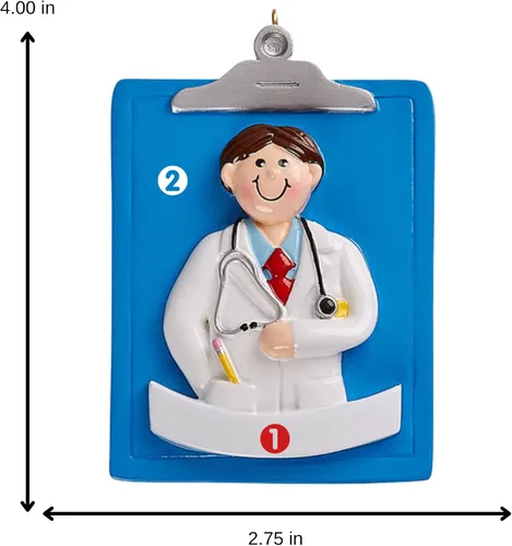 Vista 3 de Adorno personalizado para árbol de Navidad 2023 para trabajadores de la salud – Portapapeles de médico masculino, adorno personalizado – Recuerdo