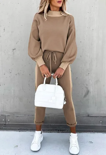 Vista 3 de Conjunto de 2 piezas para mujer, cuello alto, manga larga, sudadera y pantalones deportivos