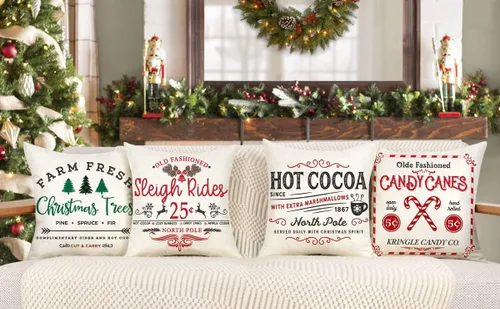 Vista 2 de Fundas de Almohada Navideñas Estilo Granja 16x16 Juego de 4 Decoraciones de Vacaciones de Invierno Navidad Funda de Cojín Rústica para Sofá Sillón