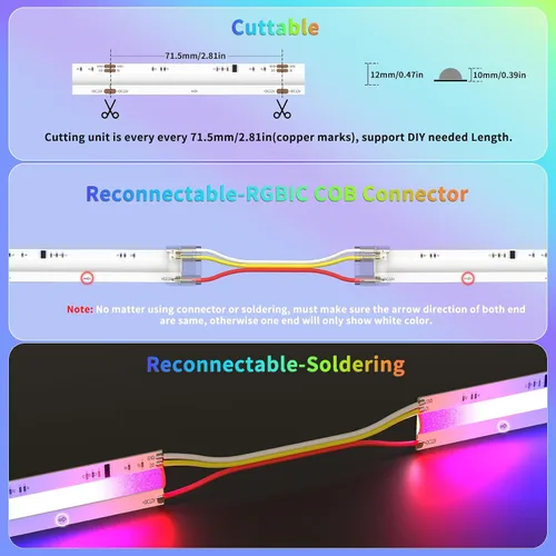 Vista 4 de Tira LED COB con chip IC RGB WS2811 de 18 pies, DC12V persecución de color direccionable Pixel RGB luces de cinta LED, luces flexibles multicolor