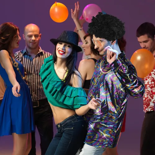 Vista 6 de JieyueJewelry 4 piezas de disfraz de discoteca de los años 70 para hombre, disfraz de discoteca con lentejuelas, camisa brillante de manga larga
