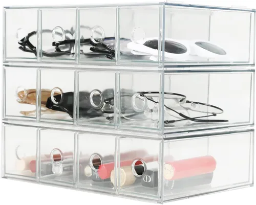 Vista 8 de Paquete de 3 cajones de almacenamiento de acrílico apilables, organizador de escritorio, cajas de almacenamiento de cosméticos transparentes, diseño