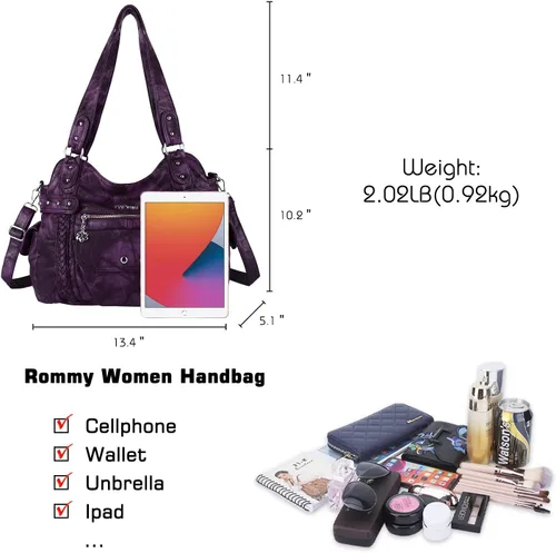 Vista 189 de Angel Barcelo - Bolsa de hombro amplia para mujer, diseño Hobo, cuero lavado