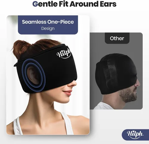 Vista 4 de Hilph Gorra ajustable para aliviar la migraña con compresa fría de gel grueso, gorra para aliviar el dolor de cabeza, máscara de enfriamiento facial