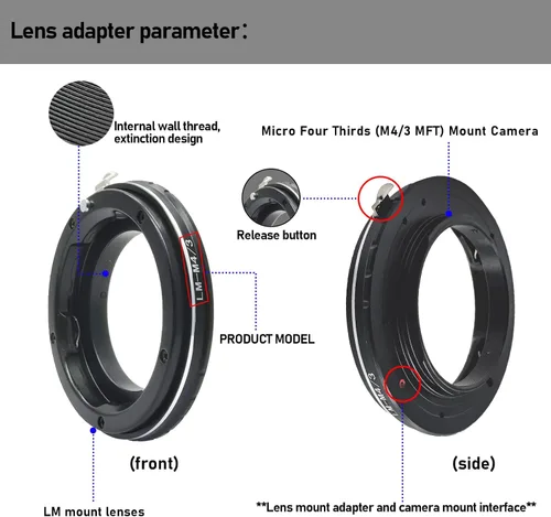 Vista 2 de Adaptador de lente LM a M4/3, compatible con LM Zeiss ZM, lente Voigtlander VM para con cámara de montaje micro 4/3 (MFT, M4/3), como EP1, EP2, EP3
