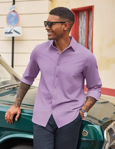 Vista 17 de COOFANDY Camisa de vestir casual de mezclilla con botones y manga larga para hombre