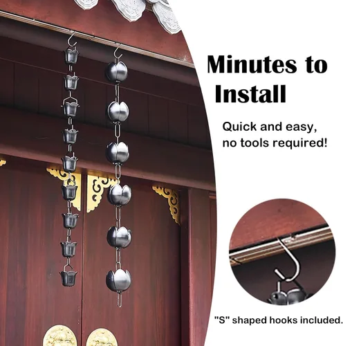 Vista 6 de Black Rain Catcher Chain with Hook, Aluminum Rain Chain Gutter Downspout Replacement, Outdoor Decor Rain Cups Water Feature Downpipe,Style Style B
