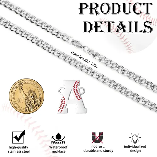Vista 6 de QINJIEJIE Collar de béisbol inicial A-Z con letras, accesorios deportivos, colgante de encanto de béisbol, joyería de cadena de acero inoxidable 2-P