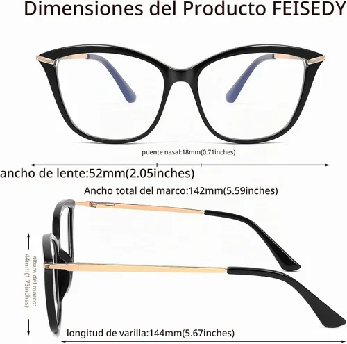 Vista 4 de FEISEDY - Gafas con bloqueo de luz azul para computadora, para mujer y hombre, marco Cateye TR90 B2772 Negro