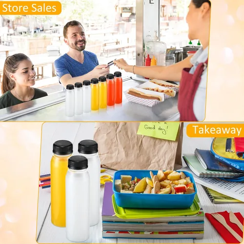 Vista 4 de Uiifan - 48 botellas de jugo de 10 onzas con tapas, botellas de plástico a granel con tapas, recipientes vacíos reutilizables transparentes