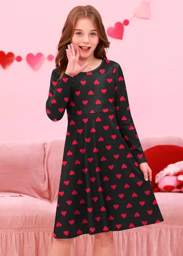 Vista 2 de BesserBay Vestido midi de manga larga con estampado de corazón para el día de San Valentín para niña, 4-14 años