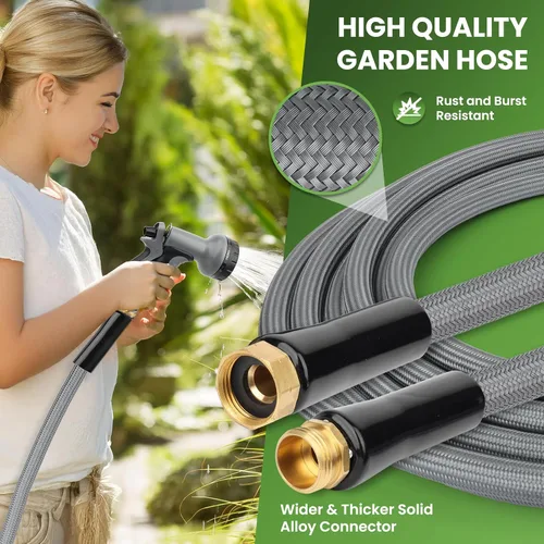 Vista 6 de KLABB Manguera de jardín de 20 pies de 5/8 pulgadas con conectores de latón macizo y boquilla de 10 funciones, manguera de acero PET flexible
