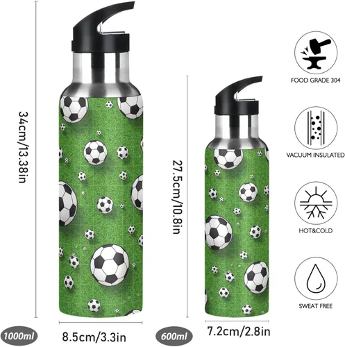 Vista 2 de Soccer Balls Green Insulated Stainless Steel Water Bottle with Straw 20 Oz Leakproof Water Bottles, BPA-Free Sport Water Bottle