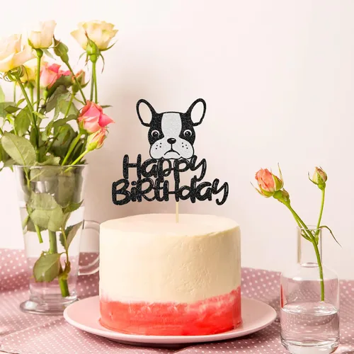 Vista 4 de Decoración para tartas de bulldog francés de feliz cumpleaños, decoración de pastel de baby shower, suministros para fiesta de cumpleaños