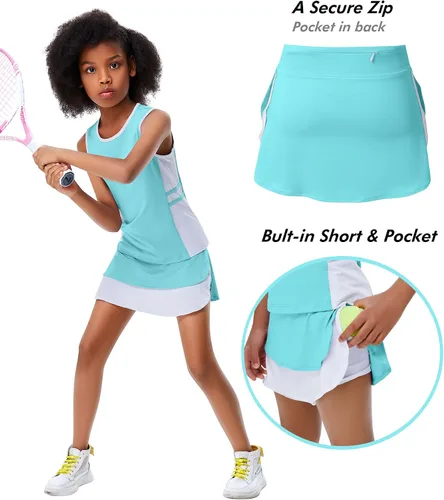 Vista 2 de Traje de golf y tenis para niños y niñas, vestido sin mangas, camiseta sin mangas, pantalones deportivos, con bolsillos cortos, 3-12 años