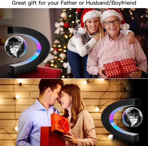 Vista 4 de Gresus - Globo terráqueo magnético flotante con levitación, base en forma de C con luces LED, gran regalo para padres, estudiantes, profesores