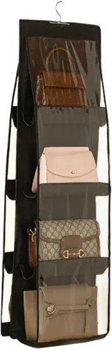 Vista 11 de HAN SHENG Organizador colgante de 6 bolsillos transparente para bolsos y monederos - Estante colgante para ahorrar espacio para clóset, armario