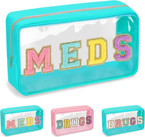 Vista 15 de Iqimott Bolsa de parche de felpilla con letras MEDS transparente, bolsa de maquillaje portátil de preparación para mujeres y niñas, viajes, bolsa