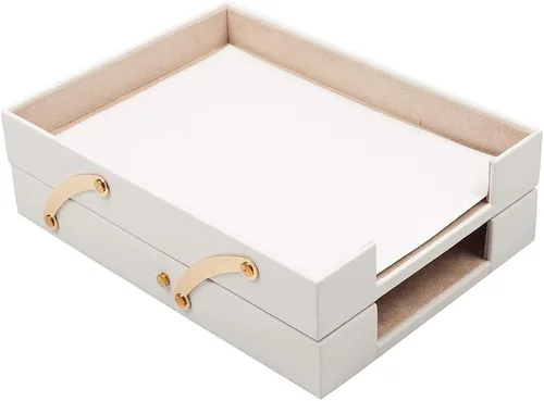 Vista 3 de Juego de escritorio de cuero, 10 piezas, bandeja doble para documentos, organizador de escritorio (blanco)