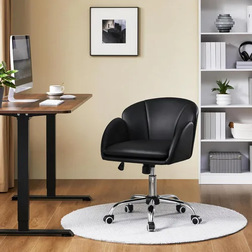 Vista 8 de Yaheetech Linda silla de escritorio de pétalos para el hogar, silla giratoria de cuero para escritorio, silla de tocador de maquillaje