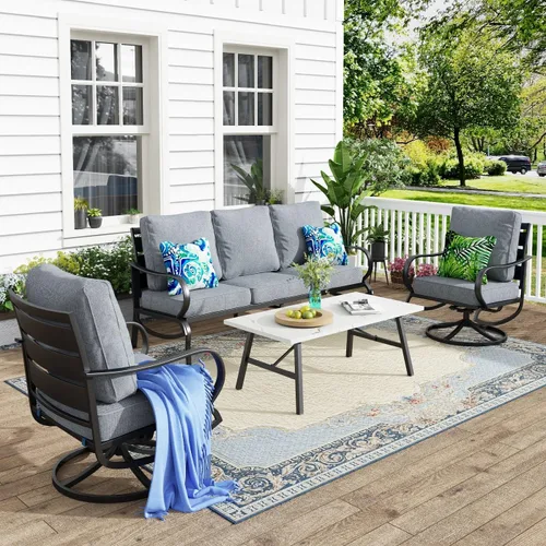 Vista 48 de MFSTUDIO Juegos de muebles de patio, sofás de conversación de metal para exteriores con 1 sofá de 3 asientos para jardín, cojín beige